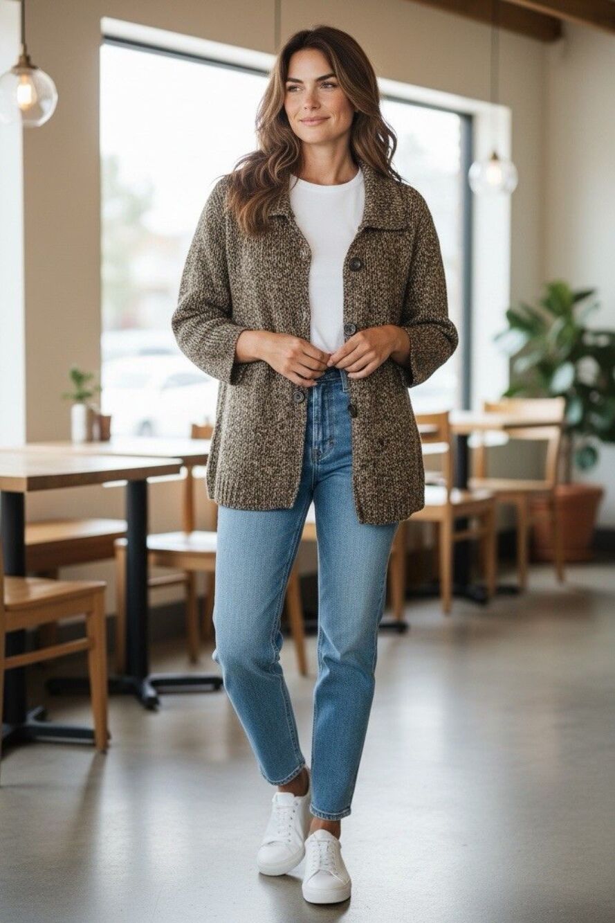 Dressbarn Women’s Brown Gold Marmeled Knit Cardigan Size XL Y2K Retro 3 Buttons